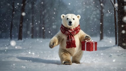 AI GENERATE, A cute, cartoon-style polar bear with a scarf delivering Christmas