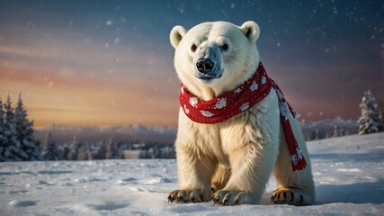 AI GENERATE, A cute, cartoon-style polar bear with a scarf delivering Christmas