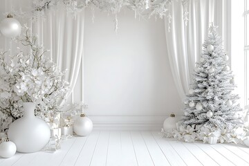 A white wall with a white arch and curtains, white vases of flowers, christmas trees, ball on the floor, a minimalist interior design.