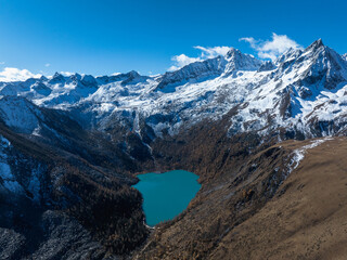 Aerial view of beautiful high altitude grassland and forest mountain landscape