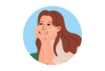 Vector isolated round badge, Flat illustration of a Smiling Girl Resting Her Face on Her Hands