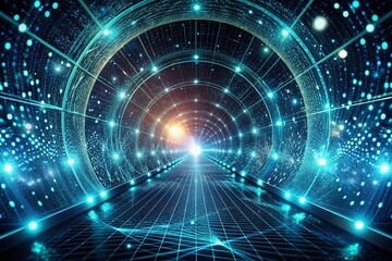 Fototapeta premium Futuristic Cyber Tunnel with Glowing Points Illustrating Data Transfer in Infinite Space - High Depth of Field 3D Rendering for Hi-Tech Visuals