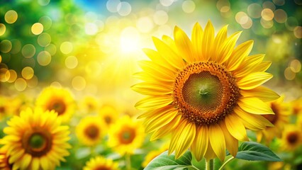 Fototapeta premium Lush Sunflower Field with Bokeh Effect: A Stunning Background for Nature Lovers and Floral Enthusiasts to Enhance Your Creative Projects and Capture the Beauty of Sunflowers