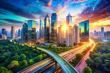 Fototapeta premium Futuristic Double Exposure Cityscape: Skyscrapers Reaching the Stars and Busy Roads Merging with a Digital Skyline, Capturing the Essence of Tomorrow’s Urban Life