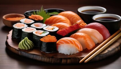 Assorted sushi platter with chopsticks and condiments