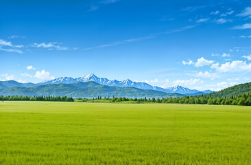 Obraz premium A vibrant grassy field with mountains in the background under a bright blue sky, representing tranquility and nature. Generative AI