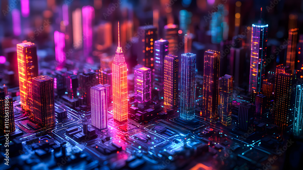 Poster high tech data network colour grids over miniature cityscape with cinematic colouring created