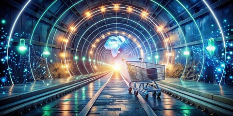 Futuristic Illuminated Tunnel with Glowing Lights and Misty Atmosphere, Symbolizing Global Recycling and Cyber Monday Sales with Shopping Cart and Dollar Sign Elements