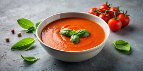 Bowl of tomato soup with basil on a background, tomato, soup, basil, food, cuisine, healthy, vegetarian, meal, appetizer