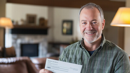 Senior man smiling joyfully as he receives a retirement payment check in a cozy living room, celebrating financial security and peaceful home life.