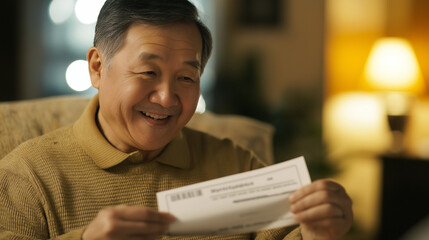 Senior man smiling joyfully as he receives a retirement payment check in a cozy living room, celebrating financial security and peaceful home life.
