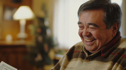 Senior man smiling joyfully as he receives a retirement payment check in a cozy living room, celebrating financial security and peaceful home life.