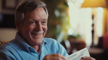 Senior man smiling joyfully as he receives a retirement payment check in a cozy living room, celebrating financial security and peaceful home life.