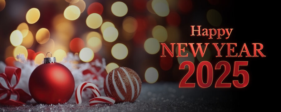 2025 Happy New Year Celebration Banner with Baubles and Candy Canes in Bokeh Background. Fictional Character Created By Generated AI.
