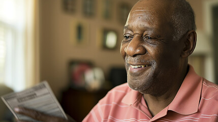 Senior man smiling joyfully as he receives a retirement payment check in a cozy living room, celebrating financial security and peaceful home life.