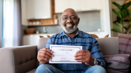 Senior man smiling joyfully as he receives a retirement payment check in a cozy living room, celebrating financial security and peaceful home life.