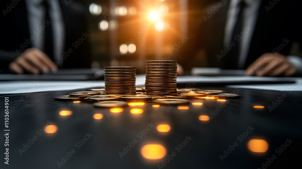 Aufkleber A stack of coins illuminated by warm light, set on a dark surface, with blurred figures in suits in the background, suggesting a financial or business context