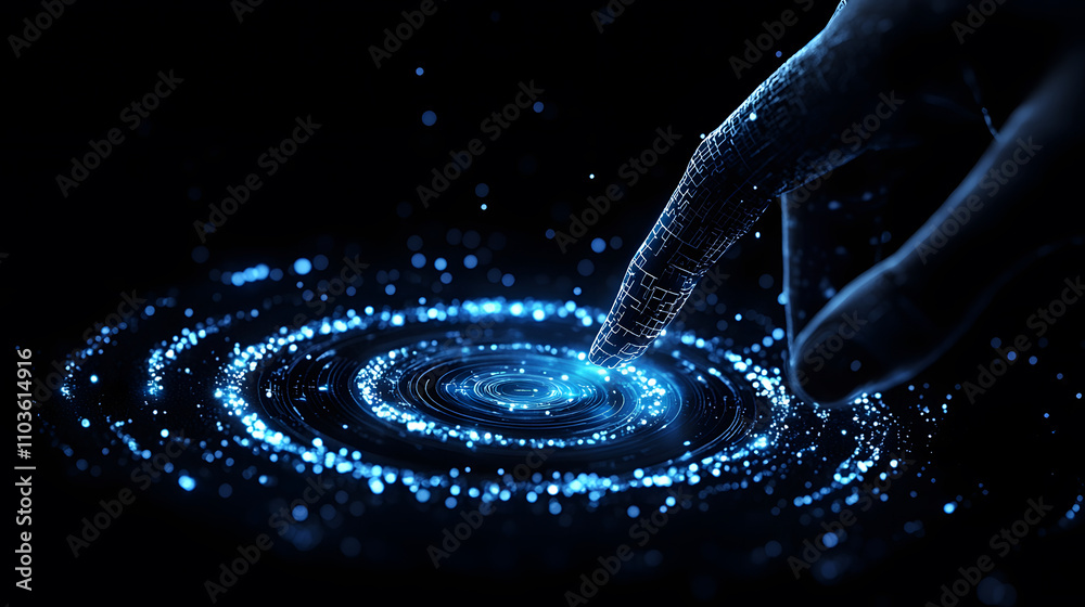 Poster A hand gently touches a glowing blue spiral of light, creating a mesmerizing visual effect, symbolizing connection and wonder