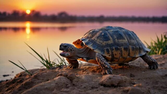 Large Talking Turtle on a Beach at Sunset - Video.