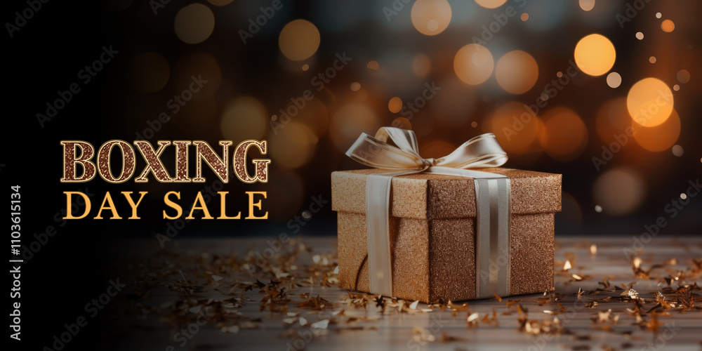 Wall mural boxing day sale banner with realistic gift box surrounded by golden confetti in bokeh background.