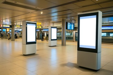 Empty Digital Displays in Modern Train Station with Soft Lighting and Spacious Layout, Ideal for Advertising and Urban Environment Contexts