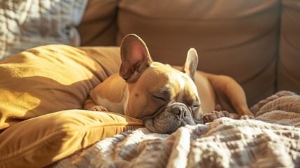 French Bulldog Taking a Nap on a Plush Couch
