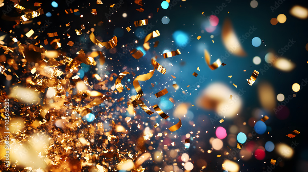 Poster a vibrant explosion of colorful confetti and glitter against a dark background, creating a festive a