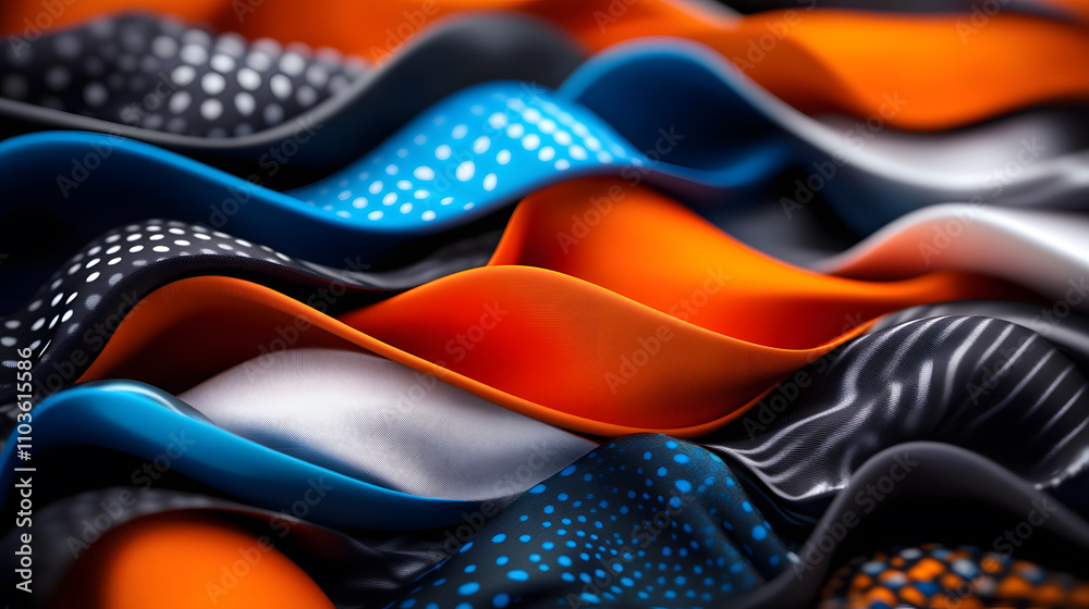 Poster A vibrant array of textured fabrics in blue, orange, and black, showcasing intricate patterns and smooth waves of material