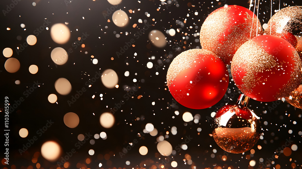 Poster a close-up of shimmering christmas ornaments surrounded by sparkling lights, creating a festive and 