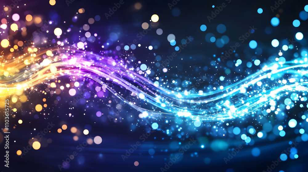 Poster a vibrant swirl of blue, purple, and gold lights, creating a dynamic and enchanting wave-like patter
