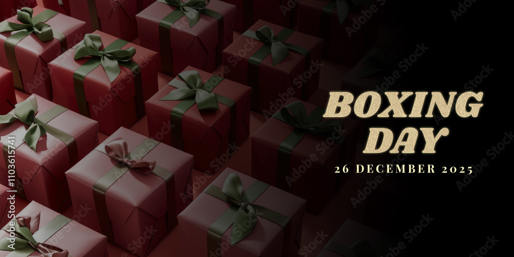 Wall mural 26 december, boxing day banner with realistic gift boxes background photo.
