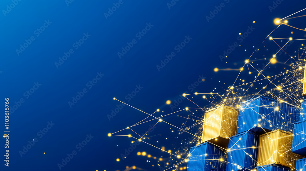 Poster abstract digital illustration featuring golden blocks and blue background with glowing lines, symbol