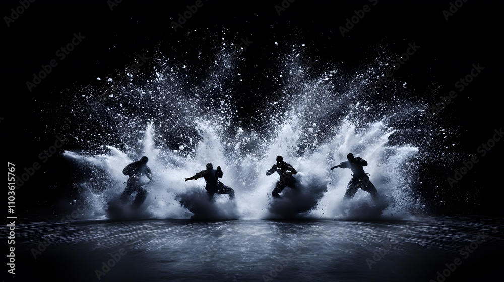 Aufkleber A dynamic scene featuring four figures dancing in water, creating dramatic splashes against a dark background