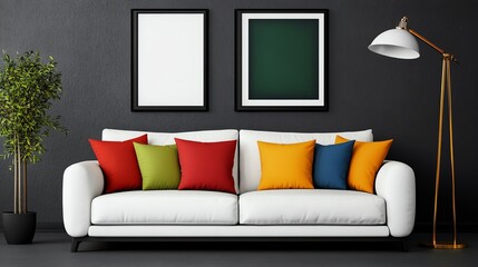 Modern living room with a stylish sofa and colorful cushions on a dark background.