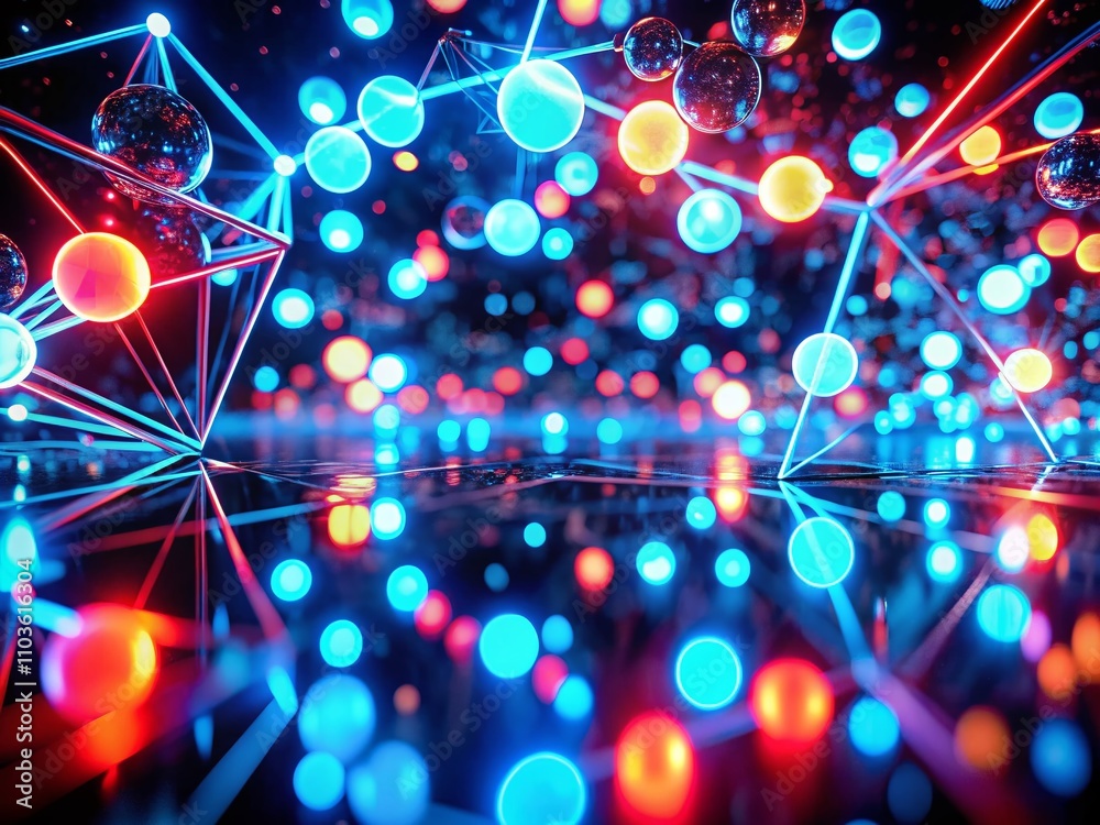 Poster futuristic sci-fi abstract blue and red neon light shapes creating a dynamic bokeh effect on a deep 