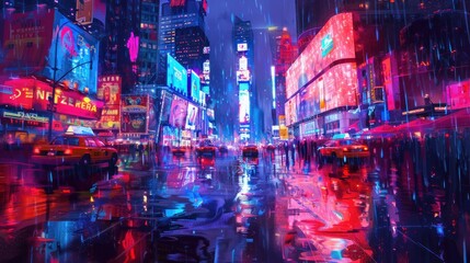 Obraz premium A vibrant cityscape at night, featuring neon lights, rain-soaked streets, and bustling traffic.