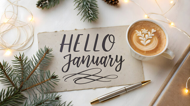 Hello January text decorated as card Illustration month January label
