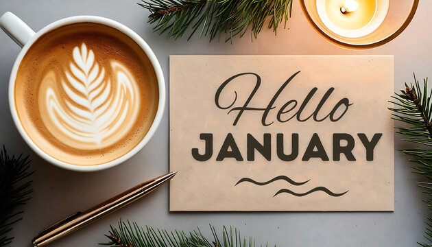 Hello January text decorated as card Illustration month January label