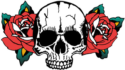 Tete de mort fleur rose crane Tattoo old school style tatouage