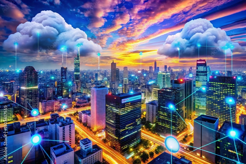 Aufkleber futuristic urban exploration of cloud computing technology with data transmission and storage concep