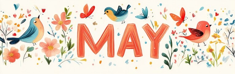 Fototapeta premium May Spring Banner with Birds and Flowers