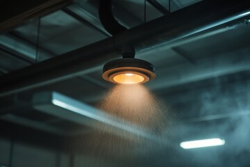Industrial Ceiling Light Radiating Warm Glow in a Misty Atmosphere with Focused Beam in a Darkened Workspace
