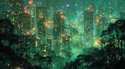 A vibrant, futuristic cityscape illuminated by green lights amidst dense foliage.