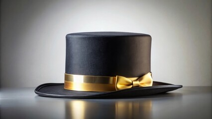 Black top hat with golden ribbon on background, top hat, black, gold, ribbon, formal wear, fashion, accessory, isolated