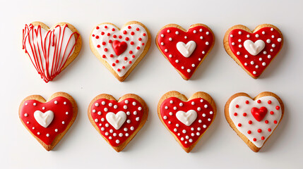 Set of delicious heart-shaped cookies for Valentine�s Day against a white background.
