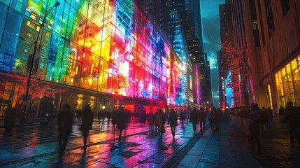 Obraz premium A vibrant cityscape at night with colorful lights reflecting on wet pavement and silhouettes of people.