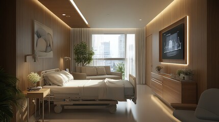  Cozy, contemporary hospital room with single bed framed by elegant wooden wall paneling.