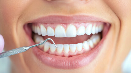 Fototapeta premium dental professional examines woman healthy, white teeth with dental tool, showcasing bright smile and excellent oral hygiene