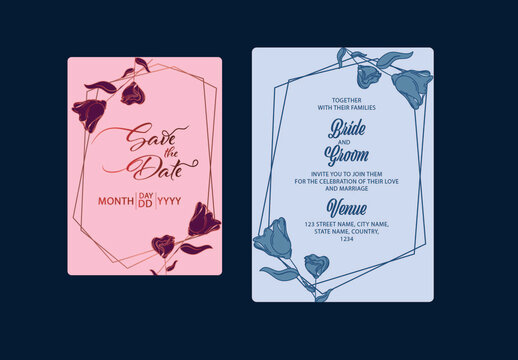 Fully Editable Wedding Invitation Cards with Floral illustrations. 