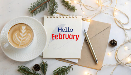 Hello February text decorated as card Illustration month February label